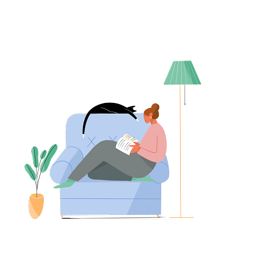 Una chica leyendo con su gato en el sofa
